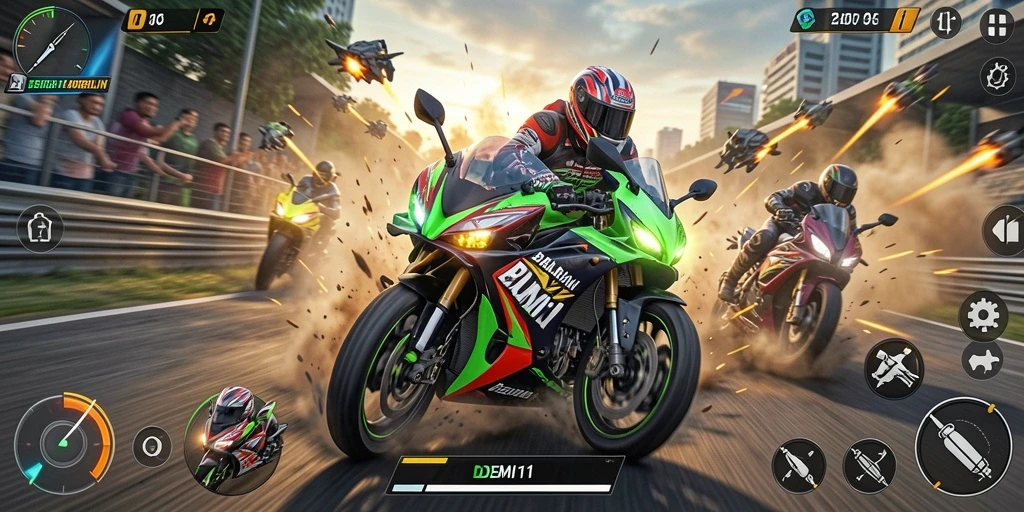 Tampilan gameplay seru di trek balapan motor yang menantang.