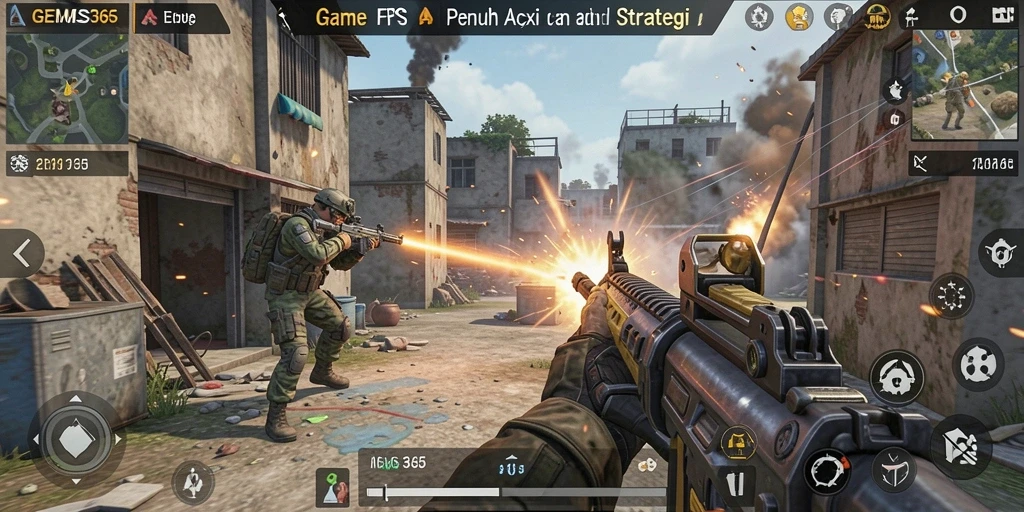 Tampilan gameplay <strong>GEMS365</strong> yang mendebarkan dalam aksi FPS.