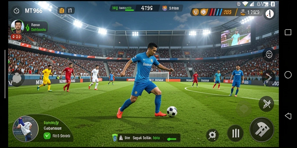 Tangkapan layar gameplay MT966 yang menunjukkan aksi pertandingan sepak bola yang mendebarkan.
