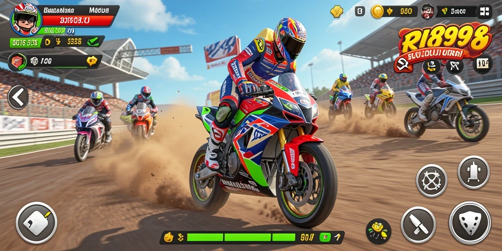 Tampilan gameplay RI889 yang menampilkan aksi balapan motor yang intens.