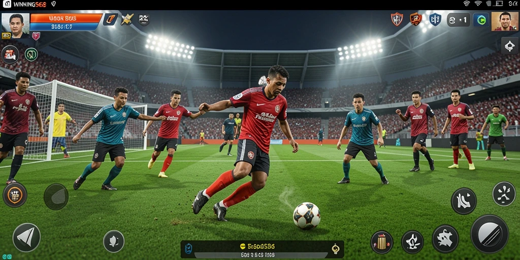 Tampilan gameplay seru dan interaktif dalam permainan sepak bola.